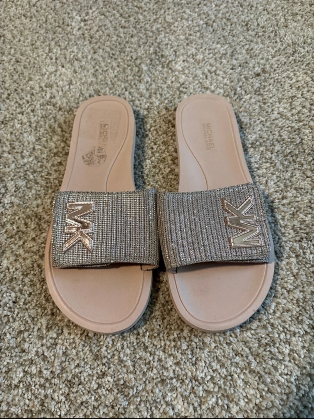 Michael Kors Rose Gold Glitter MK Slide Sandals